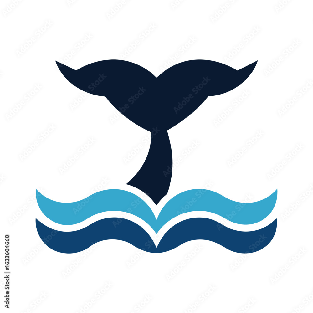 Fototapeta premium Whale Tail Above Waves Vintage Ocean Scene On White