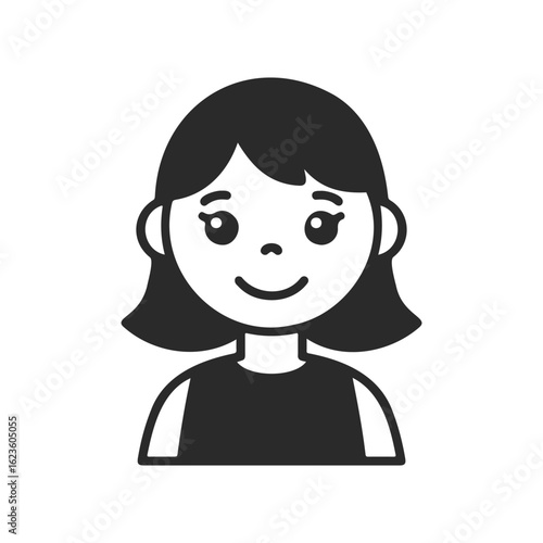 Smiling female child avatar illustration with dark hair and simple design