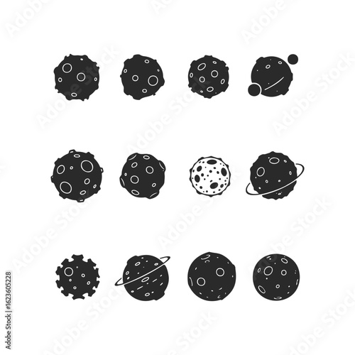 Set of black and white asteroid icons illustrating various cosmic elements