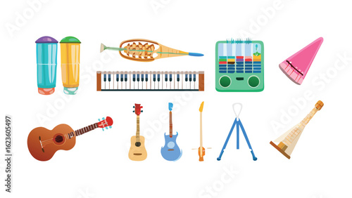 A collection of diverse musical instruments and accessories