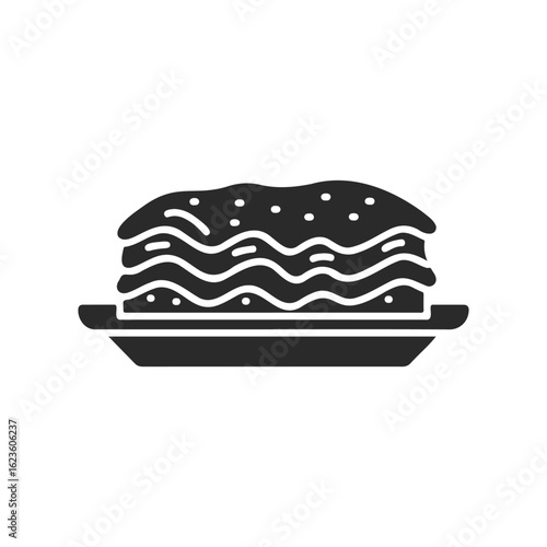 Black and white lasagna icon on plate - minimalist food illustration