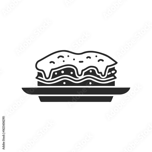 Black and white icon of homemade lasagna on plate with cheese and layers