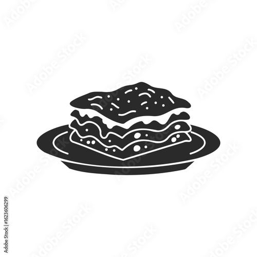 Black and white lasagna icon on plate with layered pasta and cheese