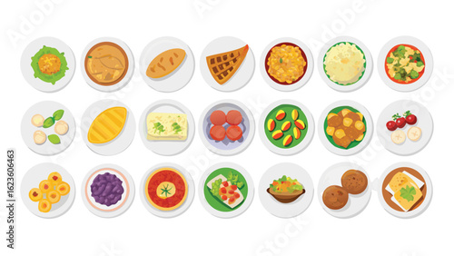 A diverse collection of appetizing food dishes on white plates