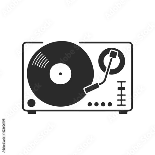 Vintage turntable icon with vinyl record on white background