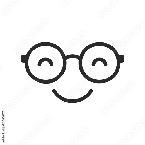 Minimalist smiling face with glasses logo on white background