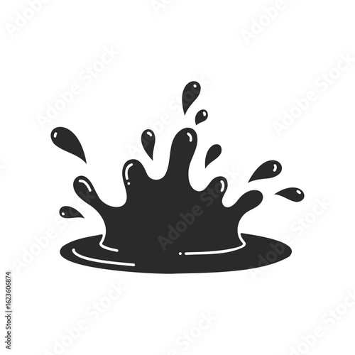 Black ink splash on white background with droplets and fluid motion