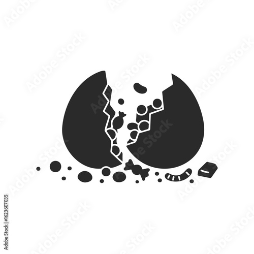 Cracked open egg with seeds and worms on white background