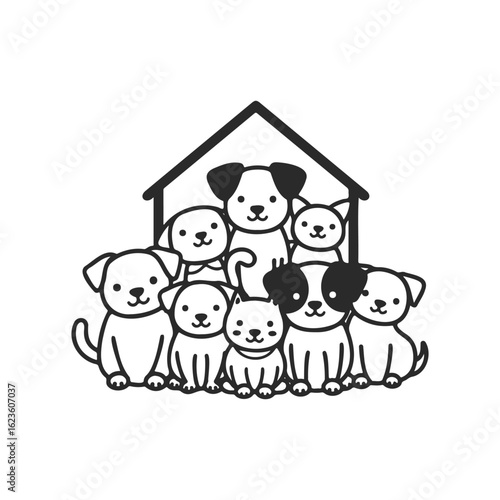 Adorable cartoon puppies gathered together in front of dog house
