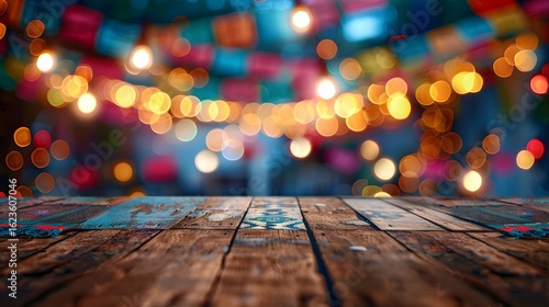 Festive Wooden Table Background with Bokeh Lights