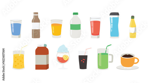 Collection of colorful beverage illustrations on a black background