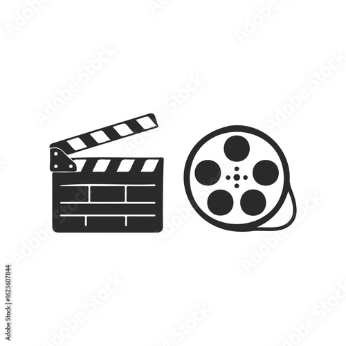 Film clapperboard and reel icons on white background