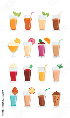 Collection of colorful fruit juices and smoothies in glasses