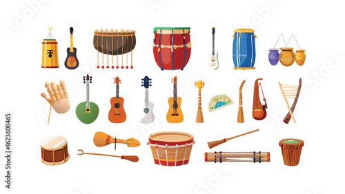 A diverse collection of colorful musical instruments displayed against a black background