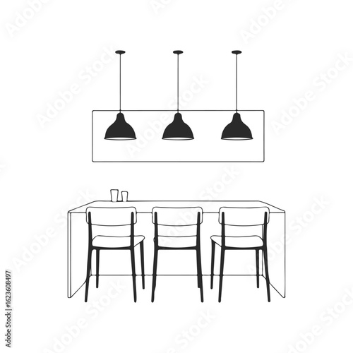 Minimalist kitchen interior with pendant lights and dining chairs
