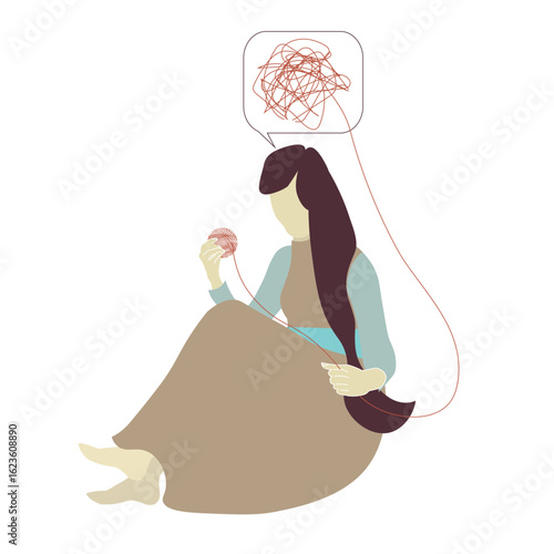 Woman organizing thoughts, symbolic poster of mental health. Girl winding threads into a ball while sitting. Symbolizing panic, phobia, depression, stress, bipolar disorder flat design stock vector il