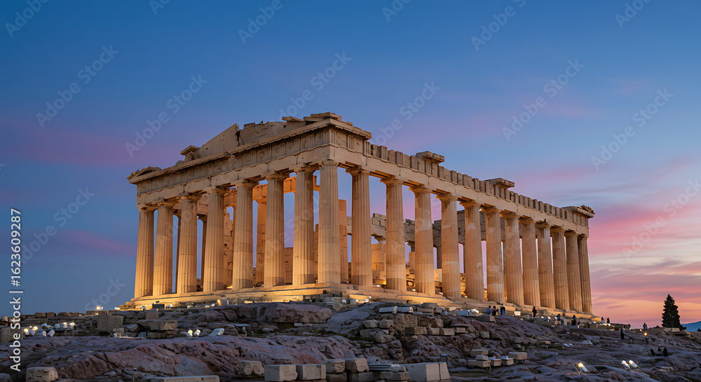 Naklejka premium Photograph the Parthenon on the Acropolis hill, Greece, during dusk, with soft blue and pink hues in the sky. Emphasize the columns and ruins lit by fading light, free of modern clutter or people.