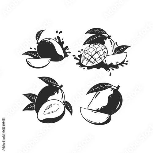Black and white mango illustrations with leaves and slices