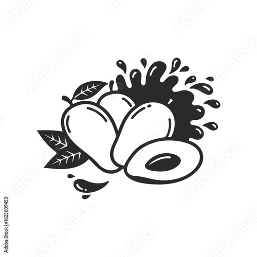 Black and white mango illustration with leaves and splash effect