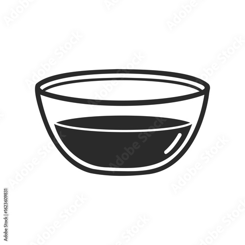 Simple black and white illustration of a glass bowl with liquid
