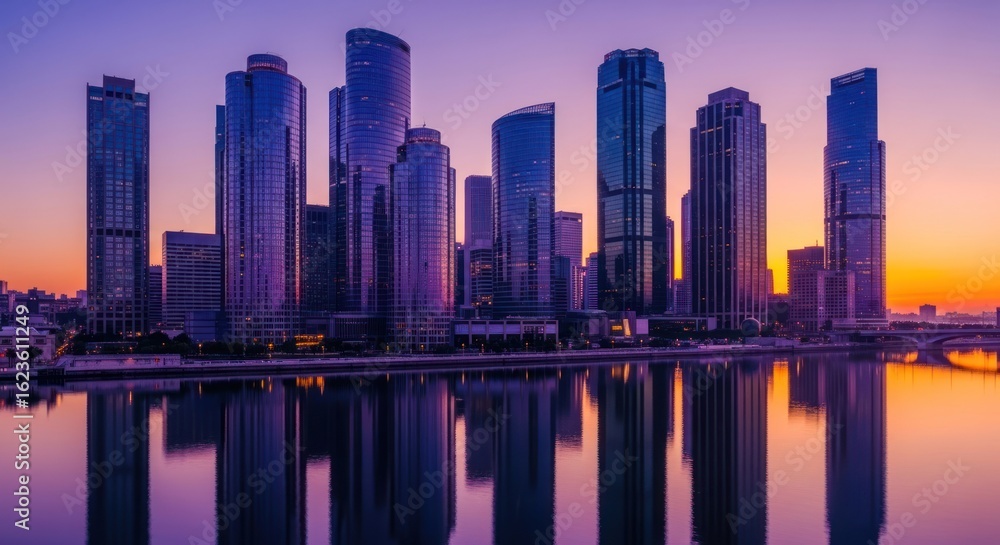 Fototapeta premium Modern cityscape at dawn, reflecting on calm water