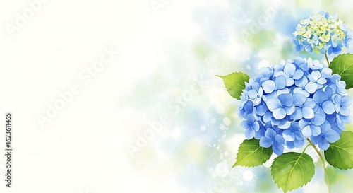 Soft focus watercolor painting of delicate blue hydrangeas with green leaves on a light textured background