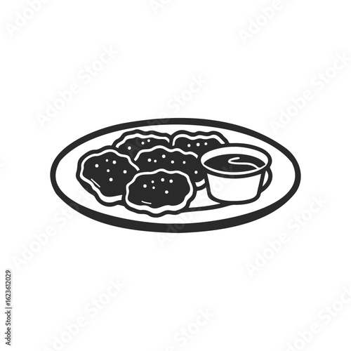 Black and white illustration of chicken nuggets with dipping sauce on plate