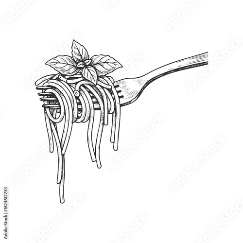 Hand-drawn spaghetti twirled on fork with basil leaves