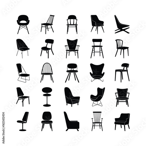 Chair and bird silhouette icon set with furniture and animals Vector illustration