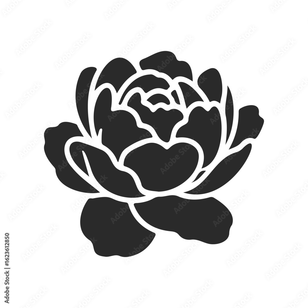 Stylized black and white peony flower silhouette on white background Stylized black and white peony flower silhouette on white background