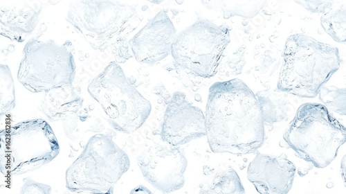 Ice cubes scattered on a white surface creating a cool refreshing abstract pattern.