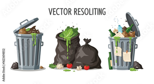 Garbage Bins with Overflowing Trash and Waste