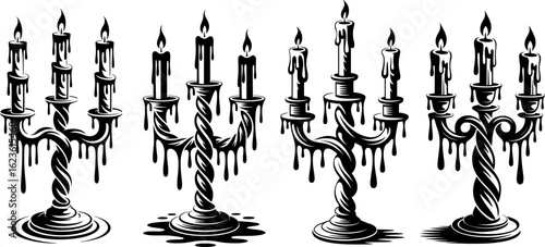Twisted candelabrum silhouette with melting wax phantoms in gothic stencil style on clean white background, featuring bold black symmetry, sharp abstract drips, and ornate vector outlines