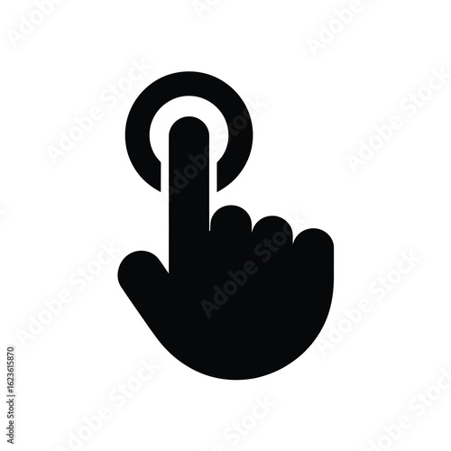 Black silhouette of a finger touching a circular button