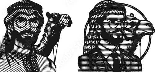  Lined photocopy effect monochrome engraving bundle Arabian man with glasses and camel animal side