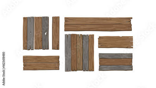 Collection of weathered wooden planks and boards on transparent background