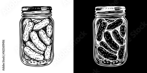 Isolated vector image of narrow jar of pickles, two design variants on transparent and black background, pencil drawing, chalk drawing
