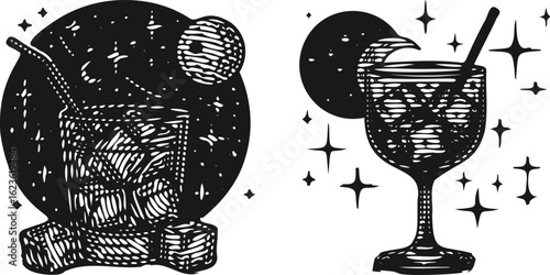  Monochrome Engraving Style Cocktail with Ice Glass and Night Sky Stars Moon Lined Photocopy Effect