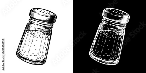 Salt shaker isolated vector image, two design variants on transparent and black background, pencil drawing, chalk drawing  