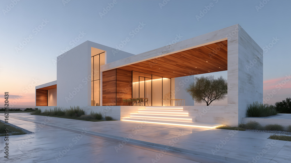 Obraz premium Casa moderna minimalista con iluminación cálida al atardecer