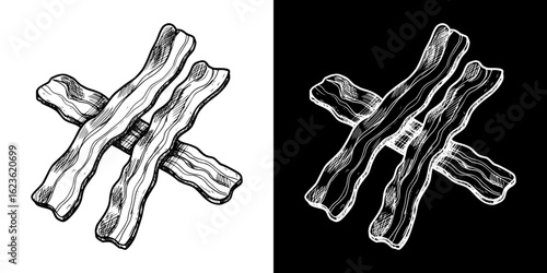 Bacon slices, isolated vector image, two design variants on transparent and black background, pencil drawing, chalk drawing
