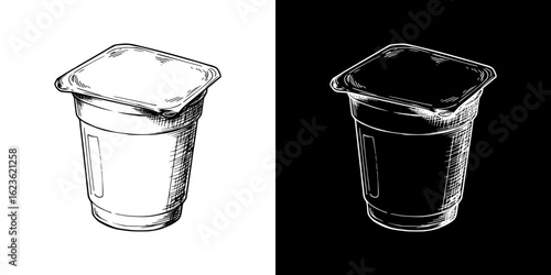 Isolated vector image of yogurt cup, two design variants on transparent and black background, pencil drawing, chalk drawing
 