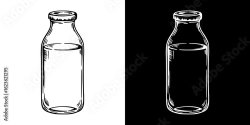 Glass milk bottle isolated vector image, two design variants on transparent and black background, pencil drawing, chalk drawing  