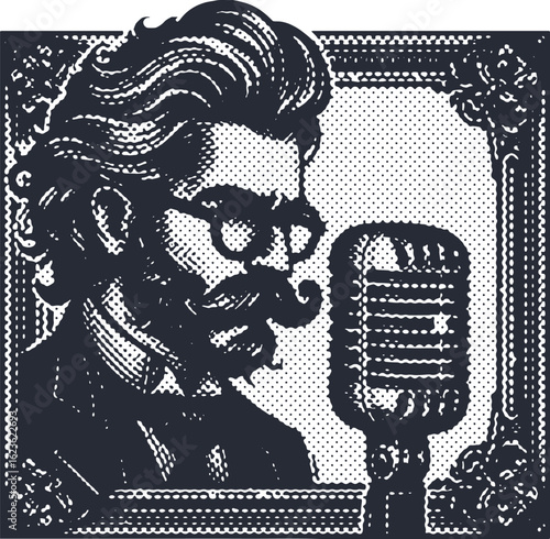 Halftone Gentleman with Mustache and Mic Vector Art - Retro Broadcaster Design