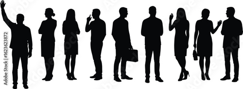 Silhouettes of diverse professionals standing, interacting on white background, ideal for corporate teamwork, networking, communication, business, office themes