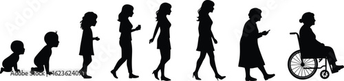 Silhouettes of female life stages, from infancy to old age, representing growth, aging, development, human evolution, life journey, womanhood