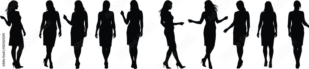 Silhouettes of stylish women in elegant fashion poses, black and white illustration, chic modern design, artistic vibe Silhouettes of stylish women in elegant fashion poses, black and white illustration, chic modern design, artistic vibe