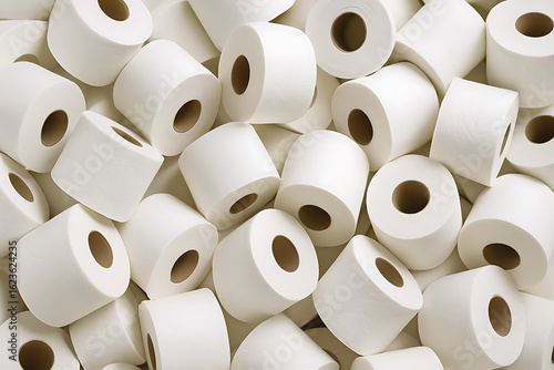 Bulk white toilet paper rolls stacked in random arrangement, top view tissue paper supply background, clean hygiene product concept, soft bathroom essential for packaging retail grocery store inventor