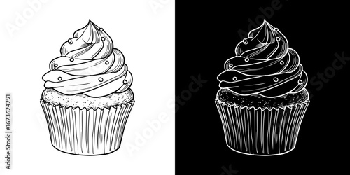 Chalk drawing of cupcake, isolated vector image, two design variants on transparent and black background, pencil drawing