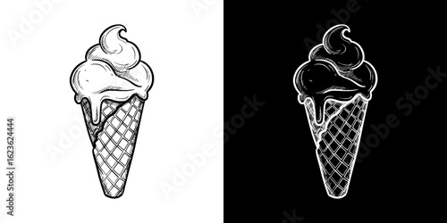 Ice cream cone, isolated vector image, two design variants on transparent and black background, pencil drawing, chalk drawing  